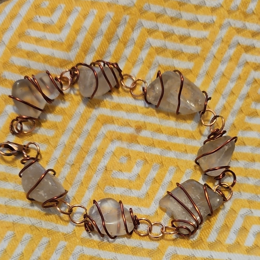 Handcrafted natural smokey quartz Wire-Wrapped Bracelet - Copper Tone 7"